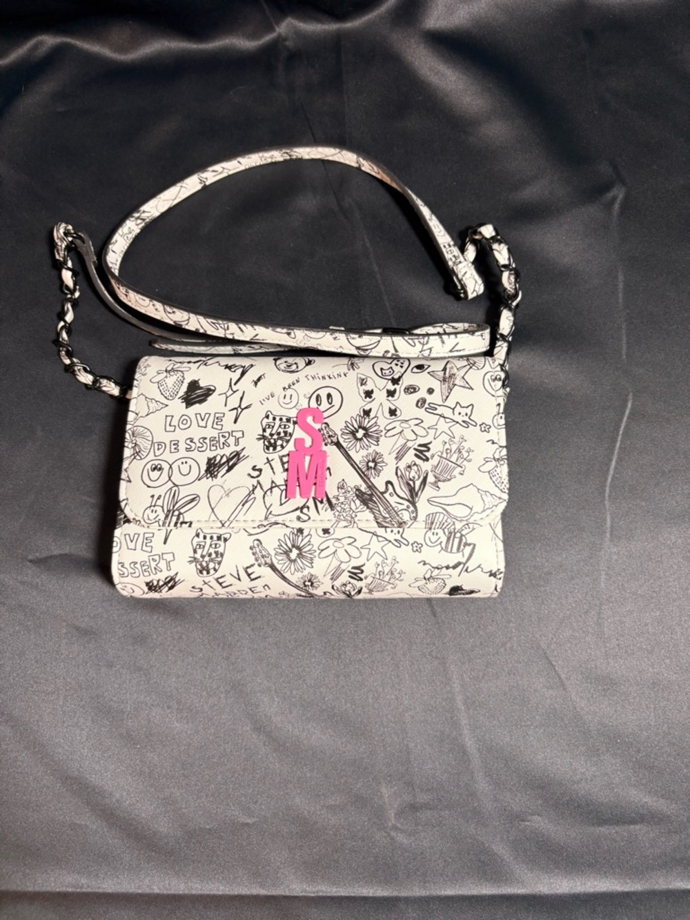 Steve Madden White Doodle Print Crossbody with Pink SM Logo